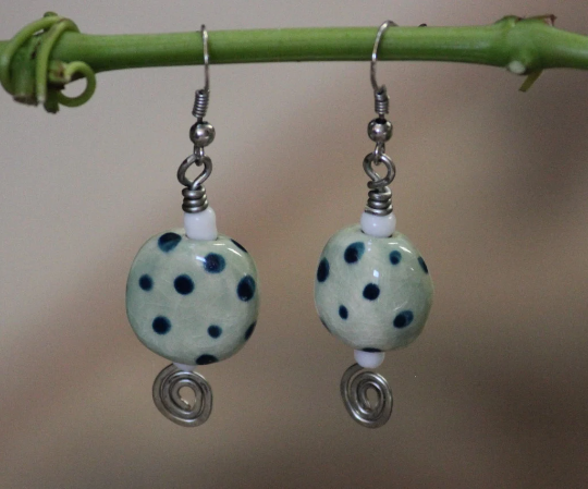Blue Green Spherical Porcelain Bead and Mixed Metal Drop Earrings