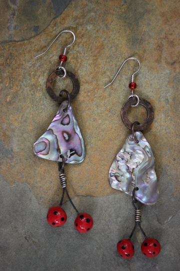 Copper, Abalone Shell and Porcelain Bead Earrings