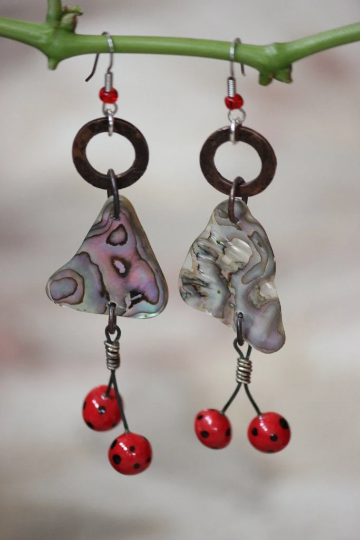 Copper, Abalone Shell and Porcelain Bead Earrings