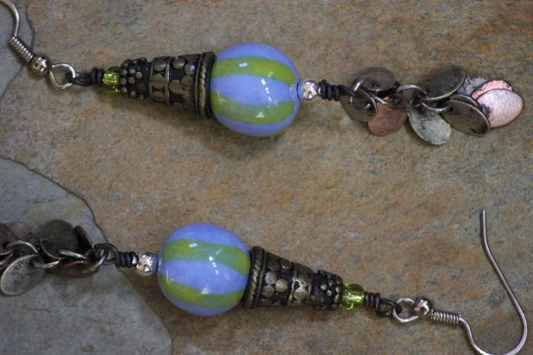 Chartreuse and Blue Dangle Beaded Earrings