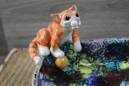 Artistic, Decorative, Ceramic Tabletop Bowl with Cat Sculpture