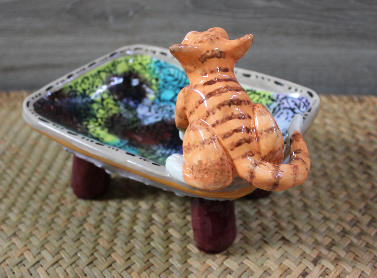 Artistic, Decorative, Ceramic Tabletop Bowl with Cat Sculpture