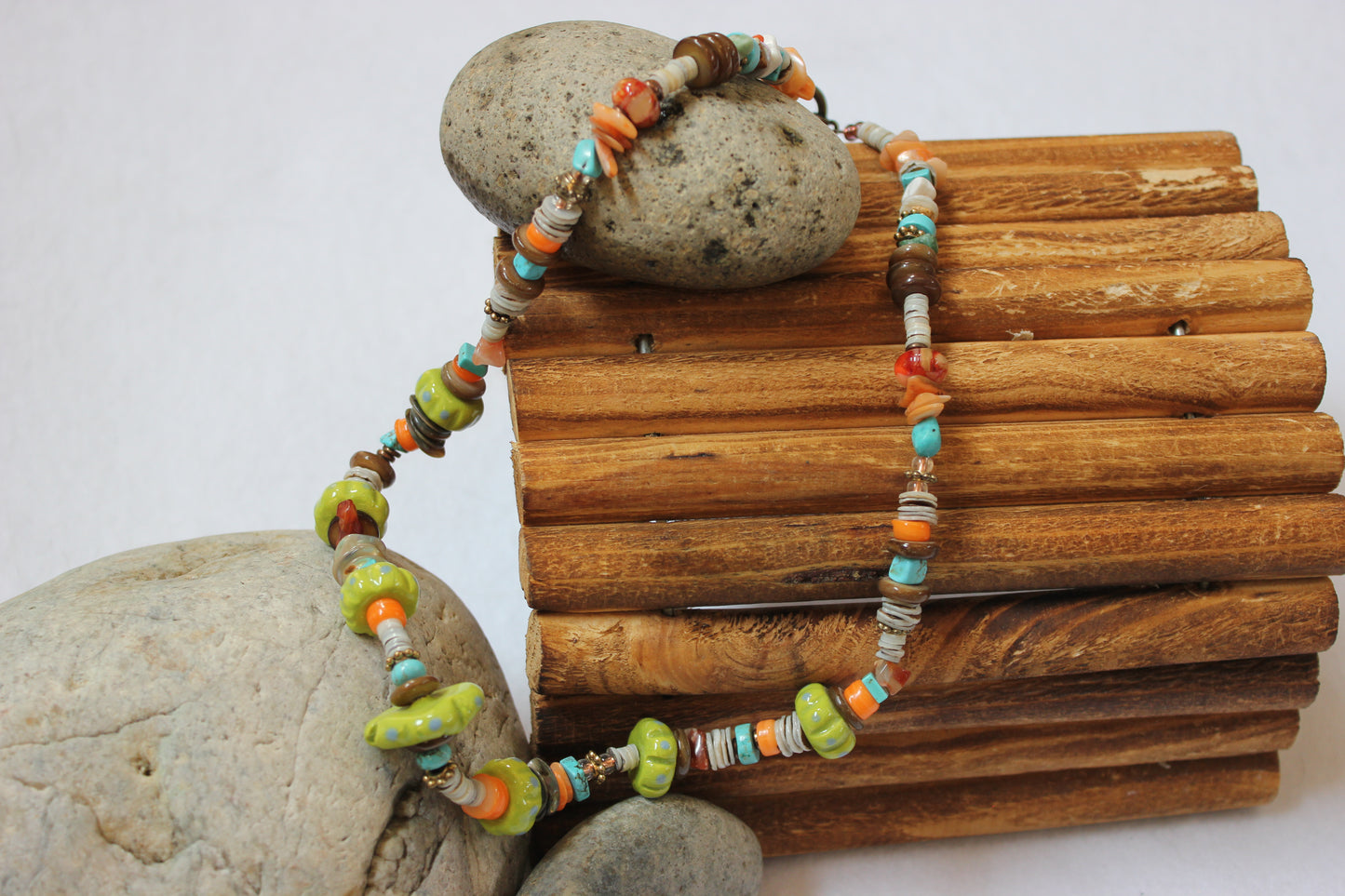 Green, Blue & Orange Porcelain and Shell Beaded Necklace