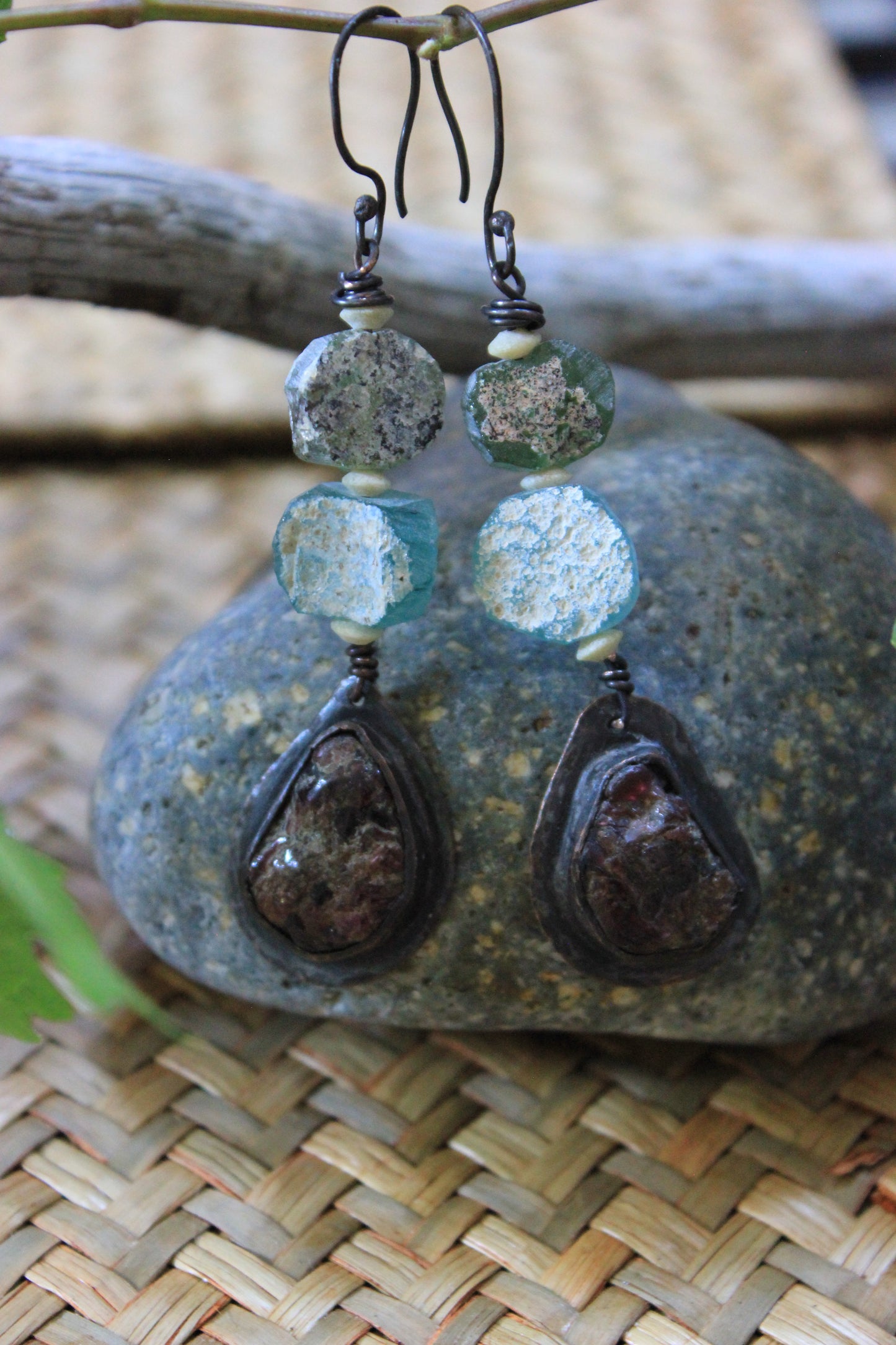 Beach Rustic Glass and Gemstone Dangle Earrings