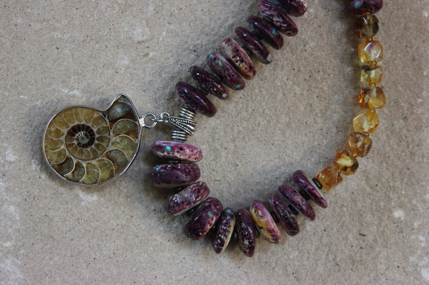Amber, Ammonite, Spondylus Beaded Necklace