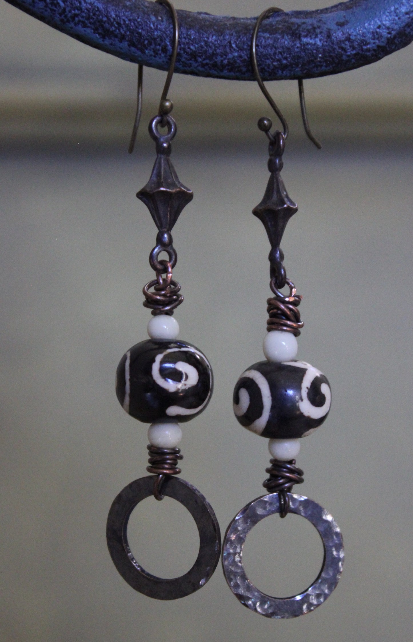 Black & White Colored Bone Bead Copper and Glass Beaded Earrings