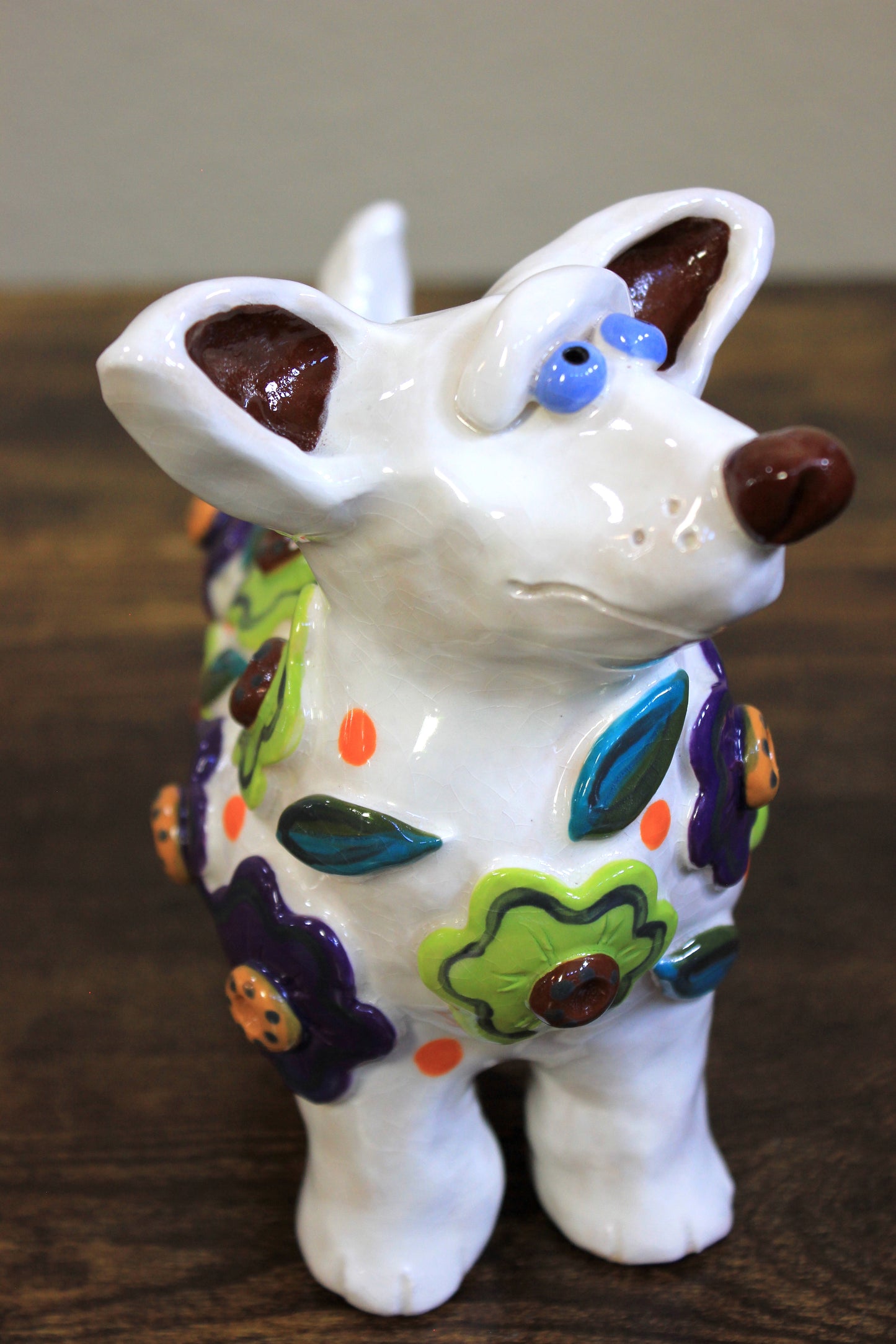 Standing White Dog Sculpture with Nature Themed Body