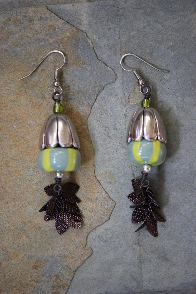 Small Dangle Chartreuse & Yellow Striped Porcelain Bead Earrings