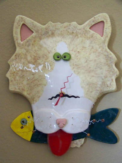 Cat with Fish Wall Clock with Tongue Pendulum