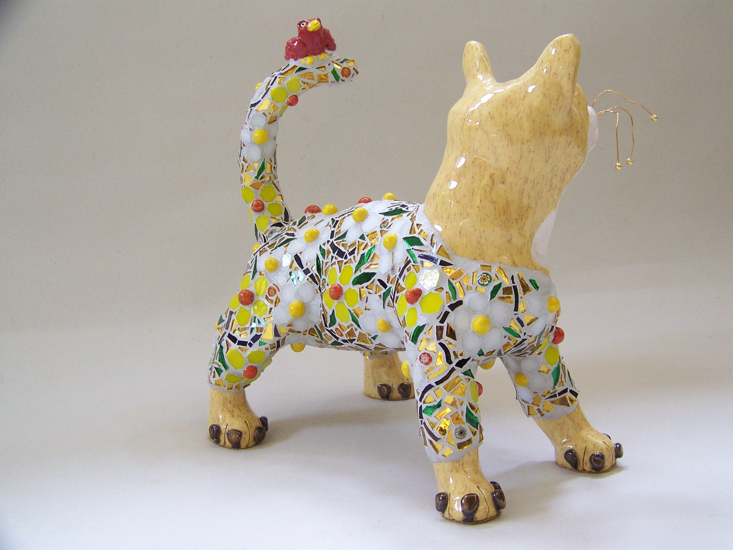 Flower Pattern Glass and Ceramic Mosaic Cat and Bird Sculpture