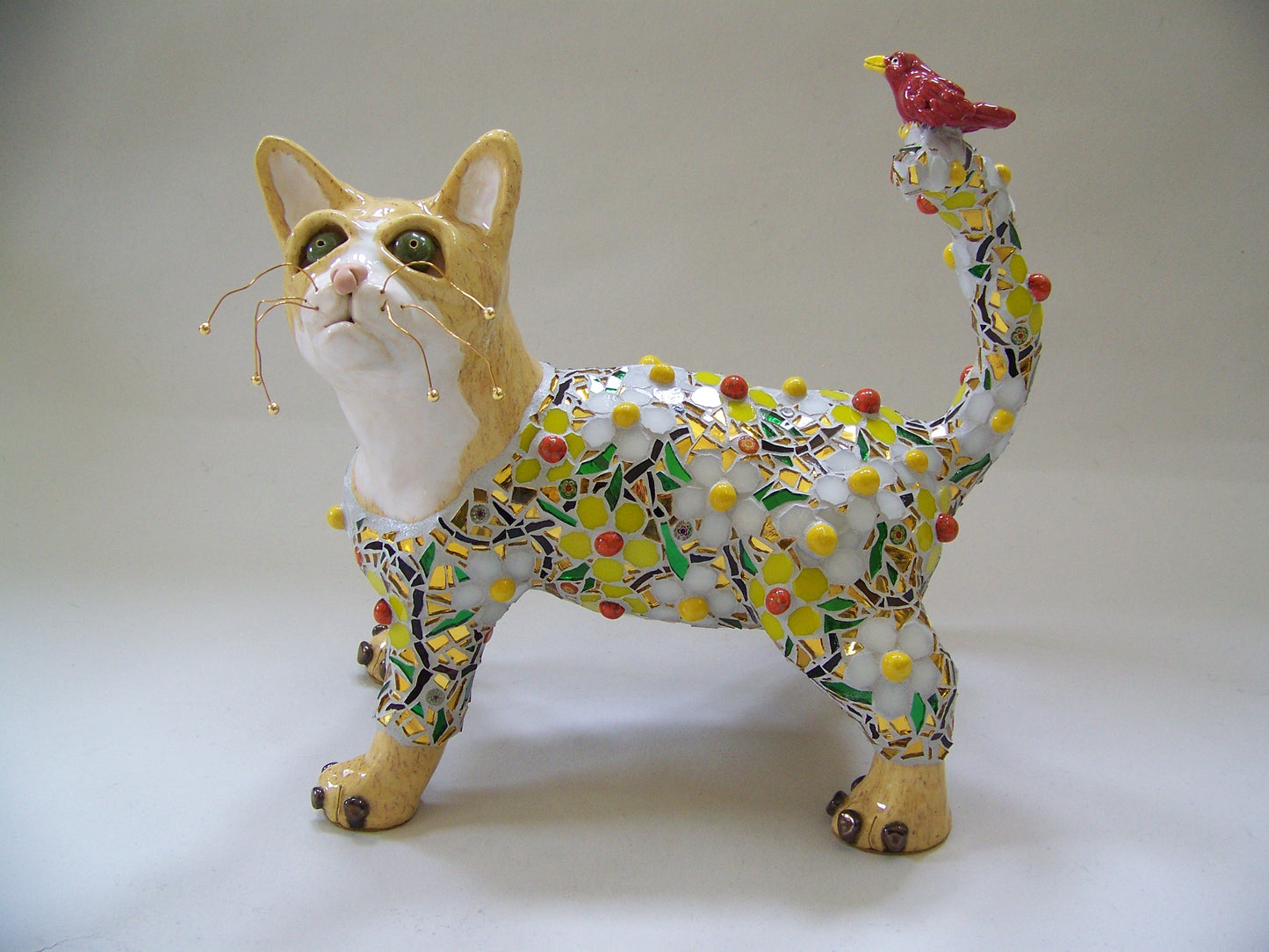 Flower Pattern Glass and Ceramic Mosaic Cat and Bird Sculpture