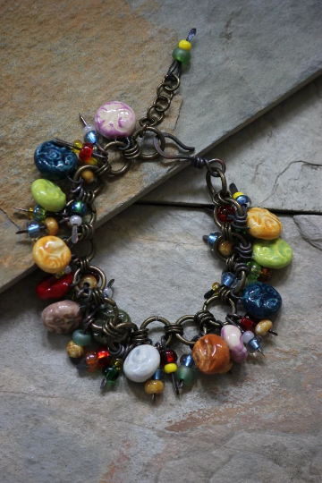 Multi Color, Copper, Glass and Porcelain Beaded Bracelet