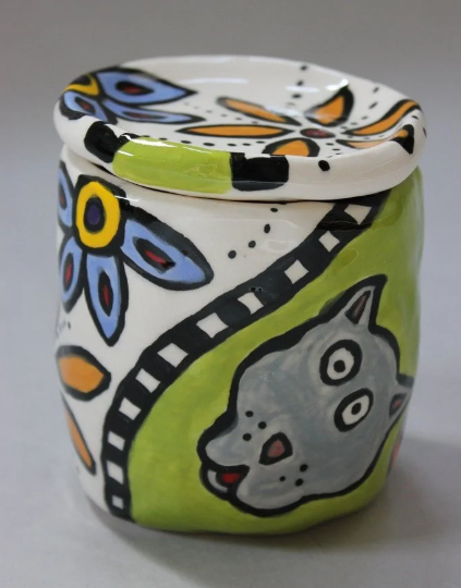 Handmade, Ceramic Lidded Jar with Fine Art and Whimsical Cat and Dog Painting Decor