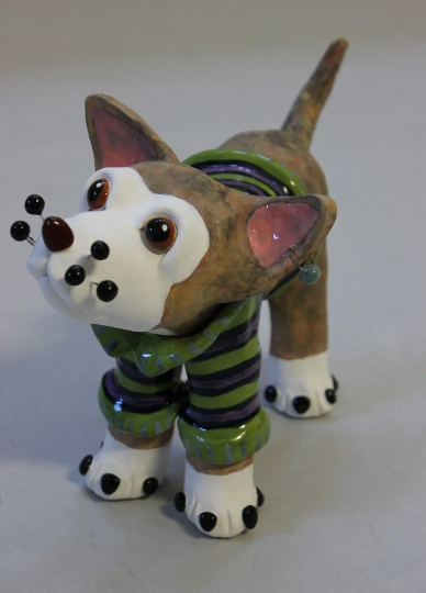 Standing Ceramic Brindle Dog Sculpture in a Sweater