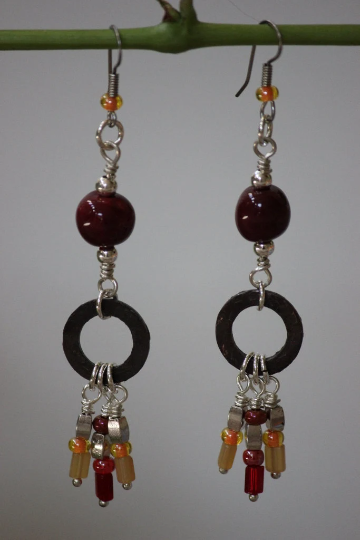 Maroon, Red, Orange & Copper & Glass Beaded Dangle Earrings