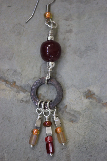 Maroon, Red, Orange & Copper & Glass Beaded Dangle Earrings
