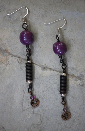 Spherical Purple with Blue Polka Dots Porcelain Bead and Copper Wire Dangle Earrings