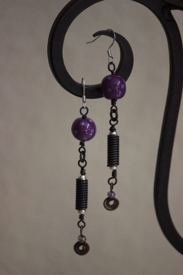 Spherical Purple with Blue Polka Dots Porcelain Bead and Copper Wire Dangle Earrings