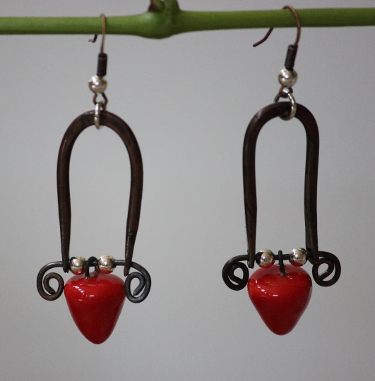 Horseshoe Shaped Copper Arc with Deep Red Porcelain Bead Drop Earrings