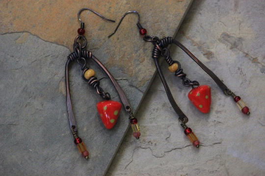 Copper Horseshoe Shape with Red and Green Polka Dotted Porcelain with Czech Glass Beads Earrings