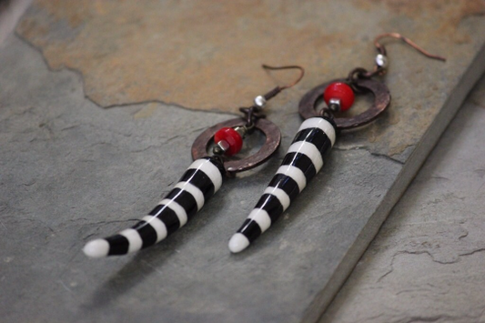 Black & White Striped Saber Tooth Shaped Bead and Copper Sphere Dangle Earrings