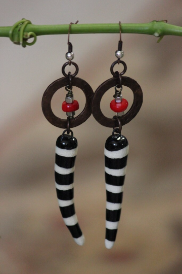 Black & White Striped Saber Tooth Shaped Bead and Copper Sphere Dangle Earrings