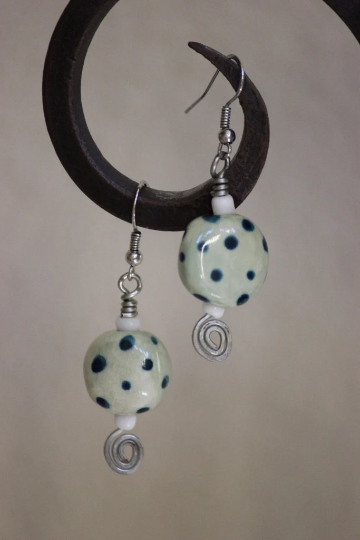 Blue Green Spherical Porcelain Bead and Mixed Metal Drop Earrings