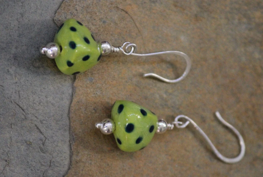 Chartreuse and Dark Blue Polka Dotted Drop Porcelain Bead Earrings