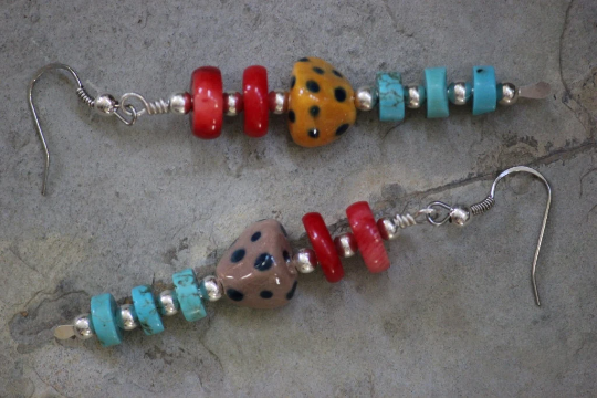 Red Coral, Howlite Turquoise and Spotted Porcelain Beaded Earrings