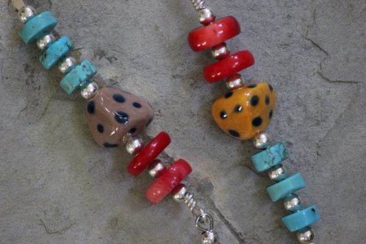 Red Coral, Howlite Turquoise and Spotted Porcelain Beaded Earrings