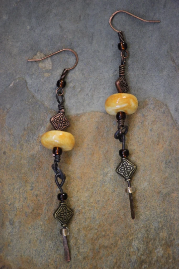 Gold Glass, Copper and Mixed Metal Dangle Earrings