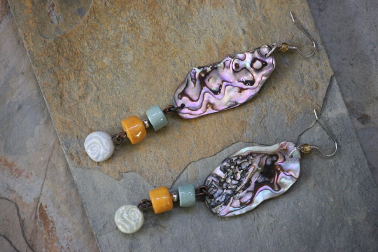 Hand Crafted Abalone Shell and Porcelain Beaded Dangle Earrings