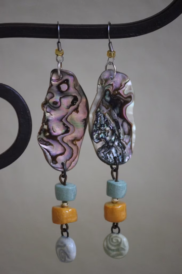 Hand Crafted Abalone Shell and Porcelain Beaded Dangle Earrings