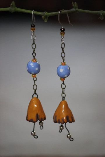 Blue and Orange Beaded Dangle Earrings