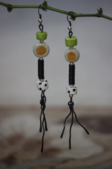 Mixed Metal, Porcelain and Silver Plated Beaded Dangle Earrings