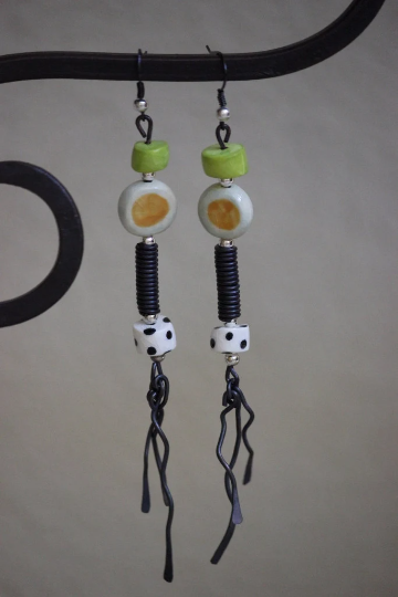 Mixed Metal, Porcelain and Silver Plated Beaded Dangle Earrings