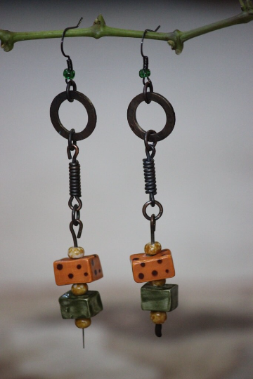 Industrial Style Copper and Green and Orange Beaded Dangle Earrings