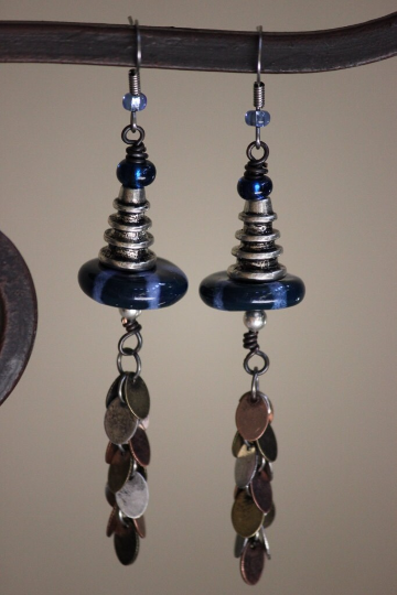 Blue Striped Porcelain Bead and Mixed Metal Dangle Earrings