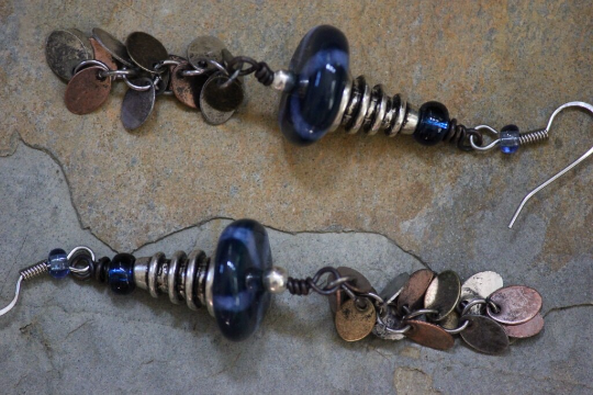 Blue Striped Porcelain Bead and Mixed Metal Dangle Earrings