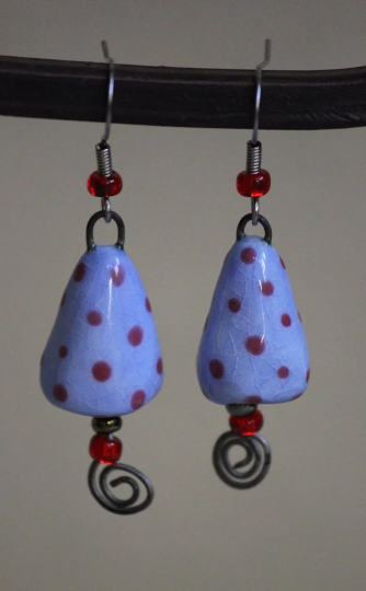 Blue and Red Polka Dot Porcelain Drop Earrings
