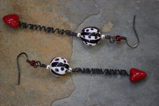 Black and White Spherical Dangle Earrings with Red Heart and Purple Dots