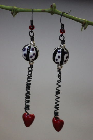 Black and White Spherical Dangle Earrings with Red Heart and Purple Dots