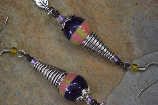 Whimsical Purple, Pink, Chartreuse Dangle Earrings