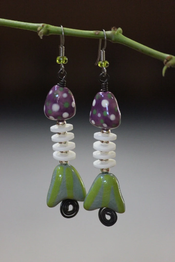 Purple, Green and White Polka Dot Fishbone Drop Earrings