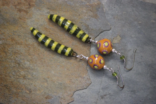 Colorful Handcrafted Saber Tooth Shaped Dangle Striped and Polka Dotted Earrings