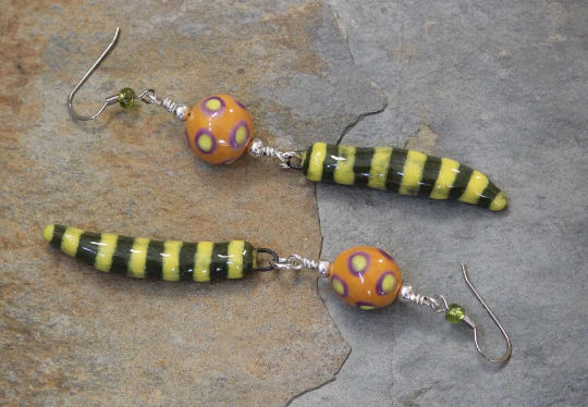 Colorful Handcrafted Saber Tooth Shaped Dangle Striped and Polka Dotted Earrings