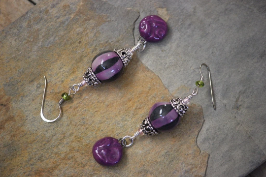 Whimsigothic Purple Striped and Mixed Metal Beaded Earrings
