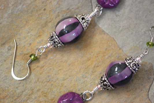 Whimsigothic Purple Striped and Mixed Metal Beaded Earrings