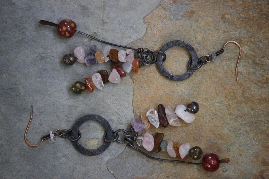 Copper Infused, Semi Precious Chips and Porcelain Beaded Earrings