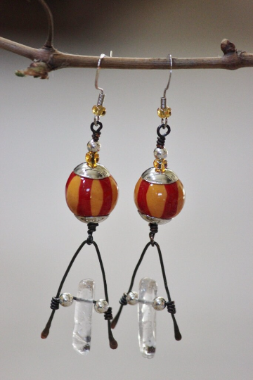 Red and Orange Striped Porcelain and Copper Dangle Earrings